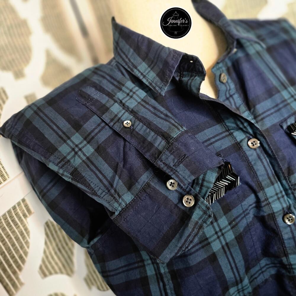 J. Crew Women's Navy/Green/Black Plaid Chevron Beaded Popover Tunic Top Size 10 - Picture 6 of 12